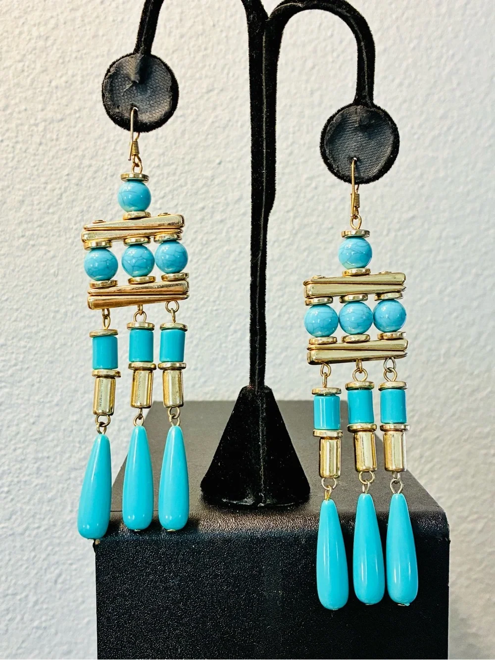 Boho Chic Multi-tier Turquoise & GLD Beaded Fringe Drop Chandelier Earrings LONG